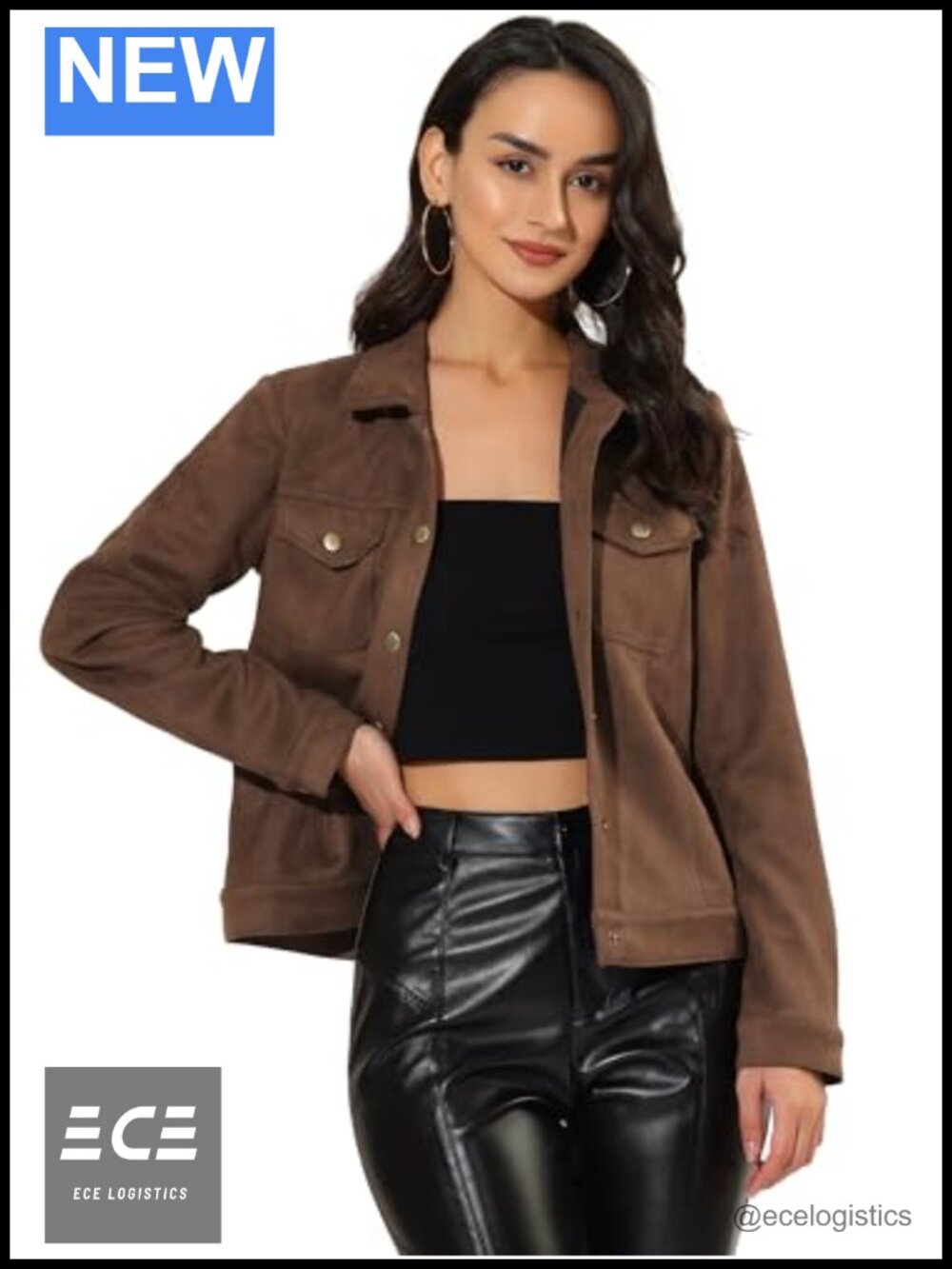 Faux Suede Jacket Snap Button Turn-Down Collar Loose Fit Shacket